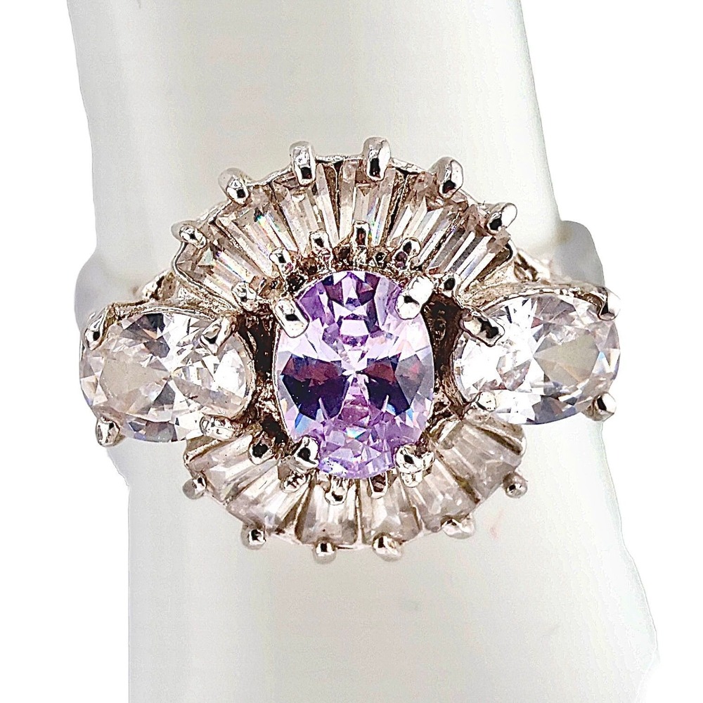Swarovski Elements Lavender Ballerina Baguette‎ Halo Cocktail Ring Silver Sz 7